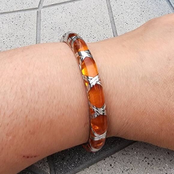 Angelique de Paris Boho Peach Bamboo Sterling Silver Thin Bangle Bracelet - Picture 3 of 9